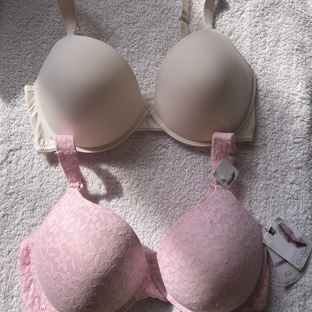 Jessica Simpson NWT 40D Elegant Lace Pink and Cream Bra Set